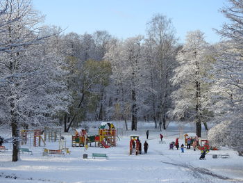 People on snow covered park against sky