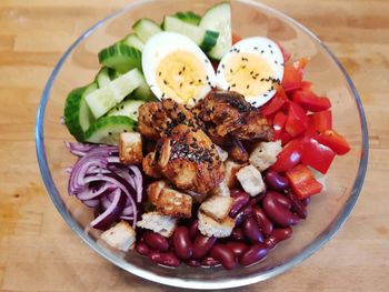 High angle view of food in plate on table