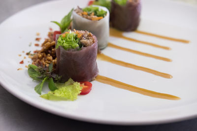 Close-up of served food in plate