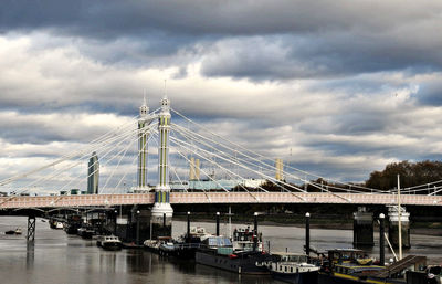 View of suspension bridge against cloudy sky