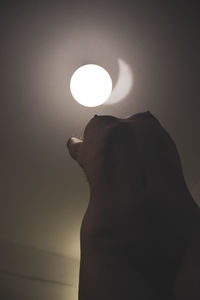 Close-up of silhouette hand holding illuminated light against wall