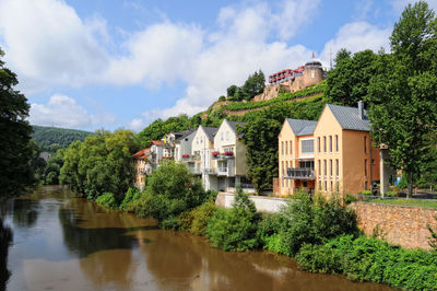 Houses by trees against sky