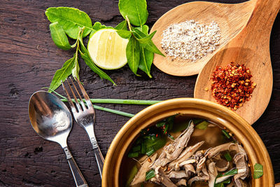 High angle view of vegetables in bowl on table