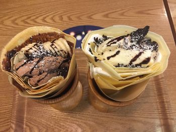 High angle view of ice cream on table