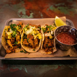 High angle view of food on table