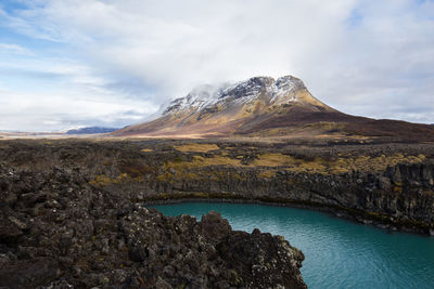 Scenic view of lake and mountains against sky