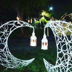 Illuminated lanterns hanging in yard at night