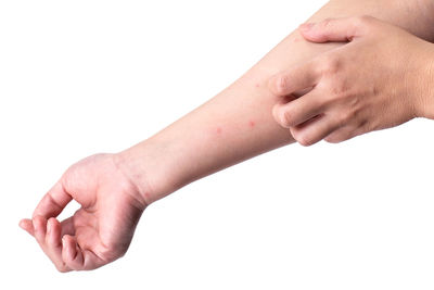 Close-up of hands against white background