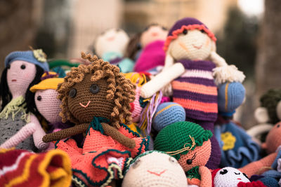 Close-up of knitted toys