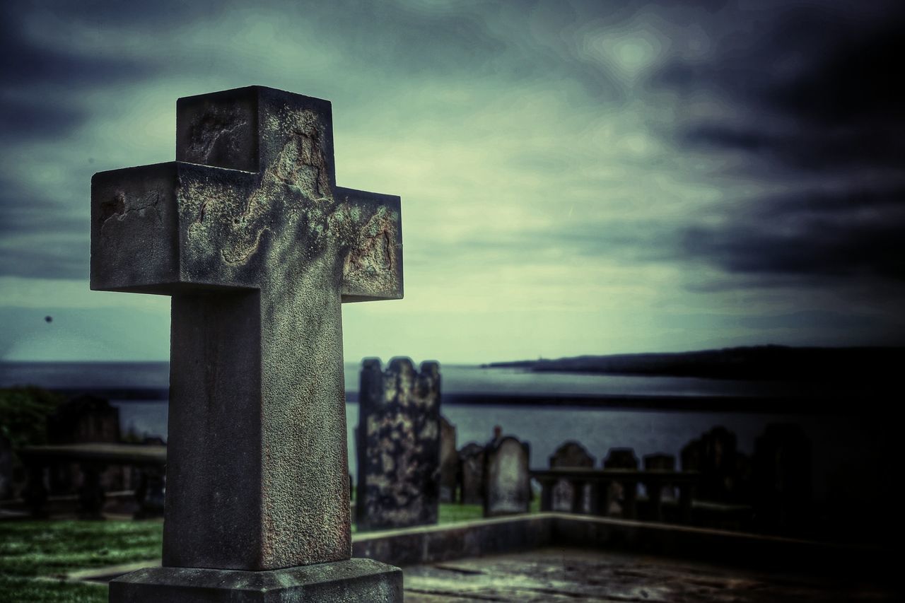 art and craft, art, sky, sculpture, human representation, statue, creativity, focus on foreground, religion, history, cloud - sky, spirituality, stone material, old, built structure, the past, close-up, animal representation