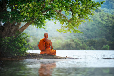 Rear view of man sitting by lake against trees