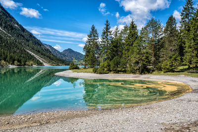 Scenic view of lake by trees against blue sky