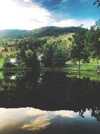 Scenic view of lake by trees against sky