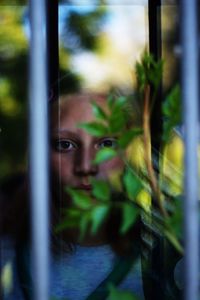 Portrait of girl by plant seen through glass window