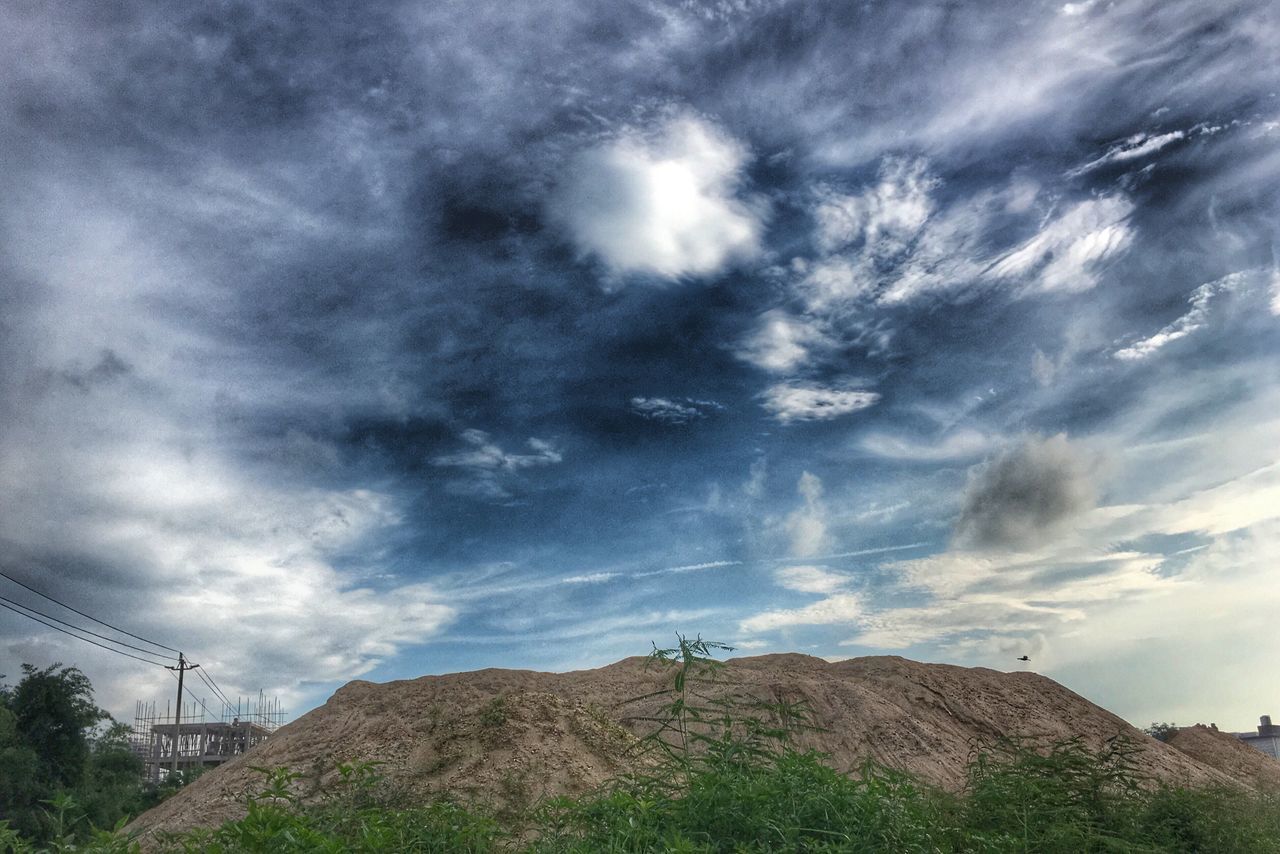 sky, cloud - sky, cloudy, electricity pylon, landscape, cloud, power line, tranquility, low angle view, tranquil scene, fuel and power generation, connection, nature, scenics, electricity, beauty in nature, field, power supply, mountain, non-urban scene