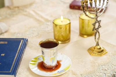 High angle view of coffee on table
