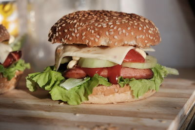 Close-up of burger on table