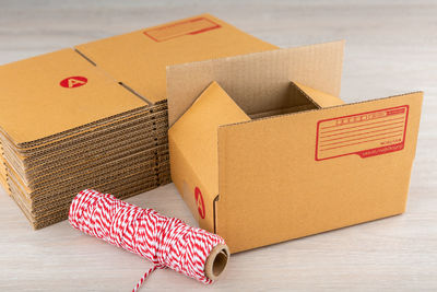 High angle view of paper box on table