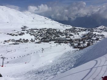 Scenic view of snow covered mountains against sky