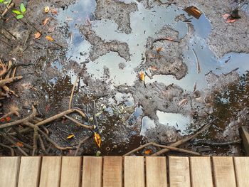 High angle view of wet puddle on footpath