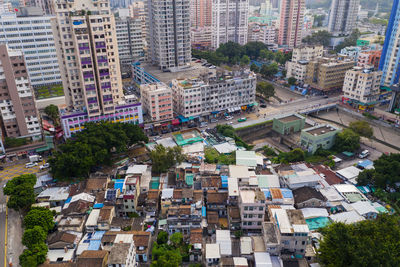 High angle view of buildings in city