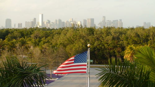 Flag by trees against sky in city