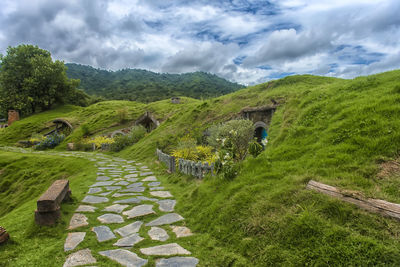 Scenic view of green landscape against sky