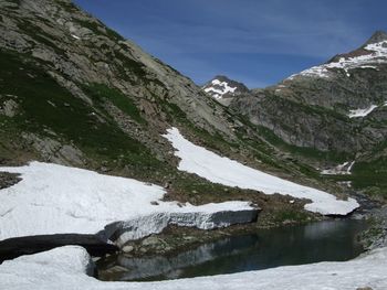 Scenic view of mountains against sky during winter