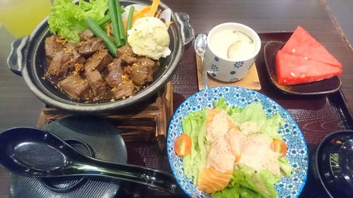 High angle view of meal served on table