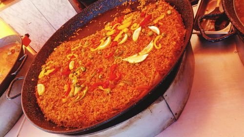 High angle view of pizza on table