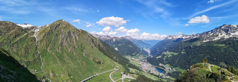 Ultra wide panorama of the lake in the gotthardpass with snow