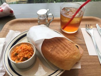 Close-up of breakfast served on table