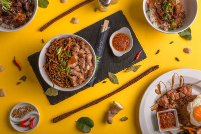 High angle view of meal served on table