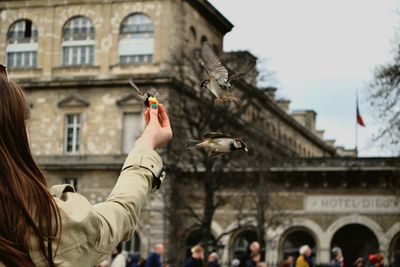 Cropped image of woman hand feeding birds against notre dame de paris