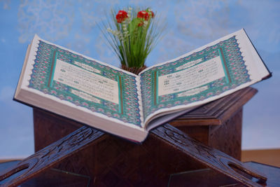 Close-up of open book on table