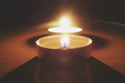 Close-up of illuminated candles on table