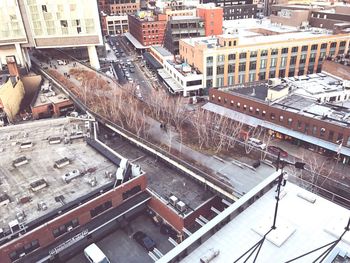 High angle view of buildings in city during winter