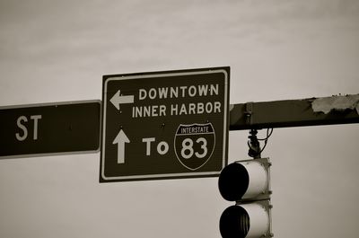 Low angle view of road sign against sky