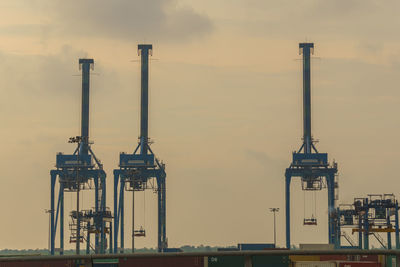 Crane at commercial dock against sky during sunset