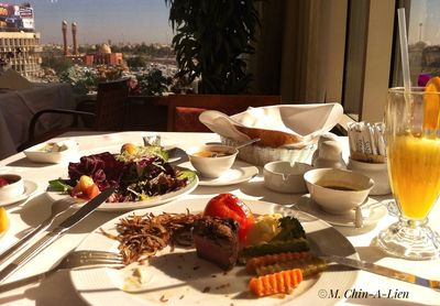 Close-up of breakfast served on table