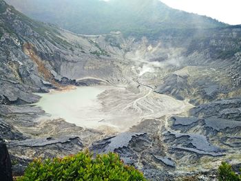 High angle view of mountain range against sky