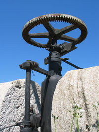 Low angle view of built structure against clear blue sky