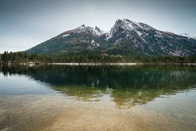 Scenic view of lake by mountains against sky