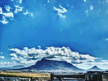 Scenic view of mountains against cloudy sky