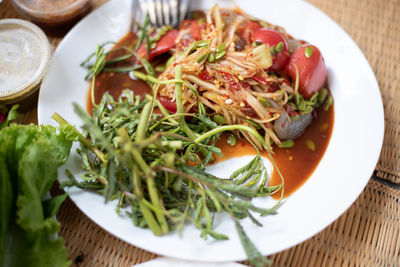 High angle view of salad in bowl on table