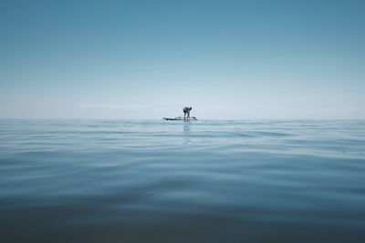 Boy on inflatable raft against clear sky