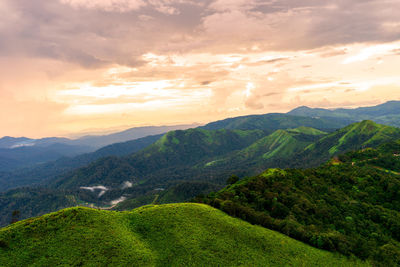 Scenic view of mountains against sky during sunset