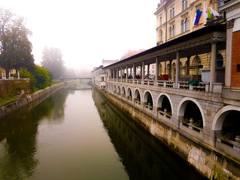 Arch bridge over canal amidst buildings against clear sky