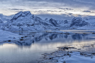 Scenic view of lake and snowcapped mountains against sky