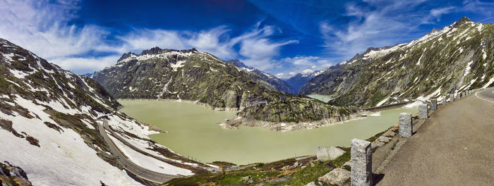 Panoramic view of snowcapped mountains against sky